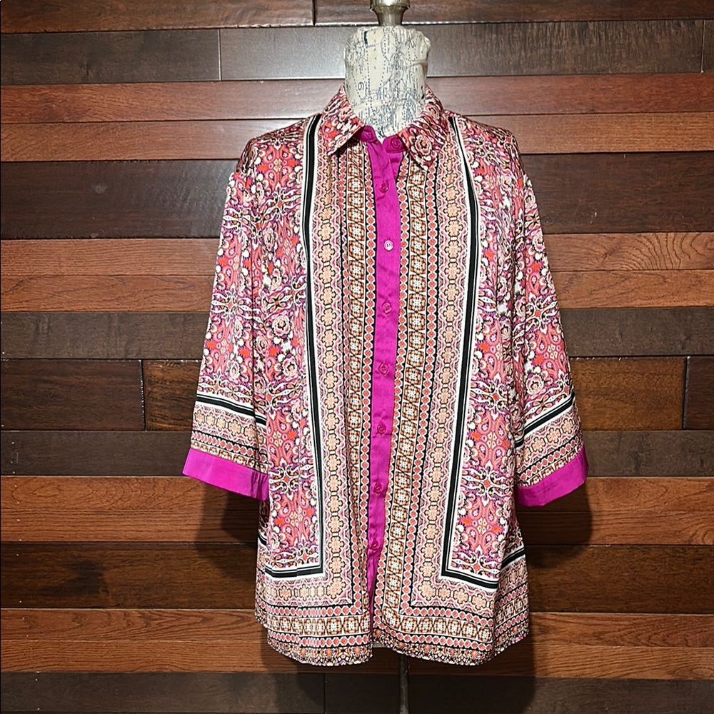 No Brand Tag Silky Button Down Floral Pink Blouse
